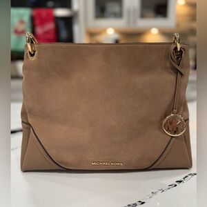 Michael Kors Blakely Suede Leather Shoulder Bag Beige with Gold